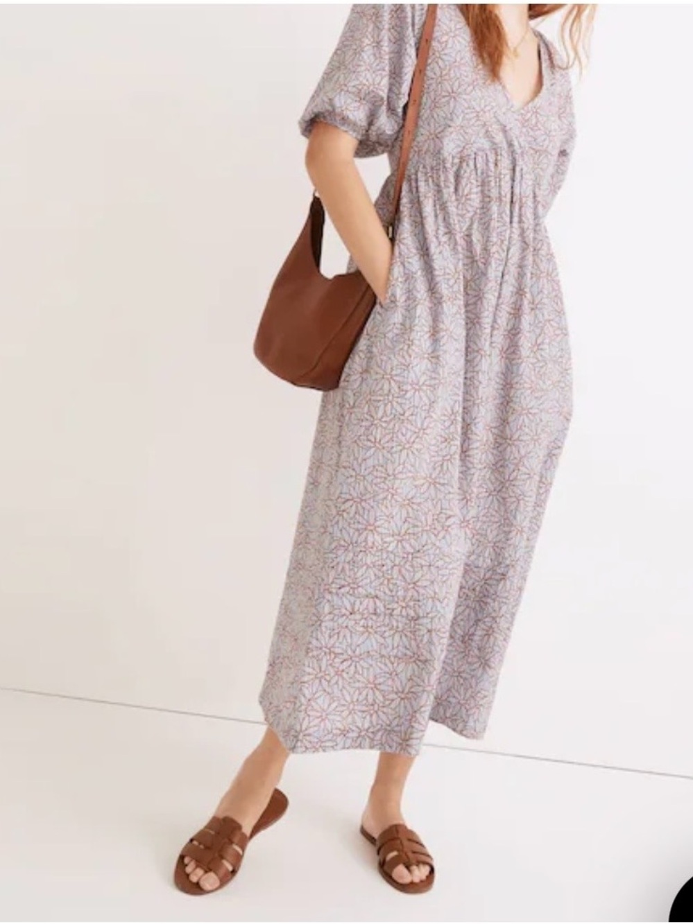 Petite Marianna puff sleeve Midi Dress in Dream- on Daisies Gray 100% cotton